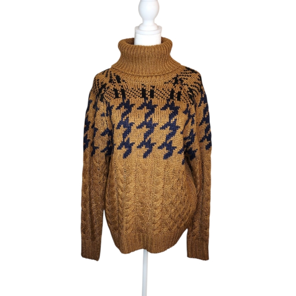 NEW John + Jenn Evereve Henry Houndstooth Turtleneck Sweater in Caramel Multi S